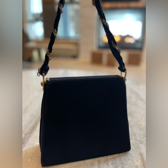 VTG Satchel Black velvety suede Custom Made by Calem Gold Chain Accent Handbag - Picture 10 of 13